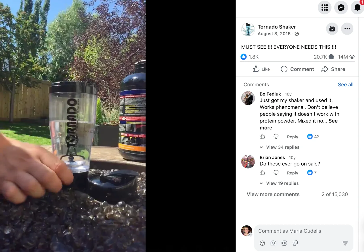 Tornado Shaker Facebook video post showing 14M views, 1.8K reactions and 20.7K comments