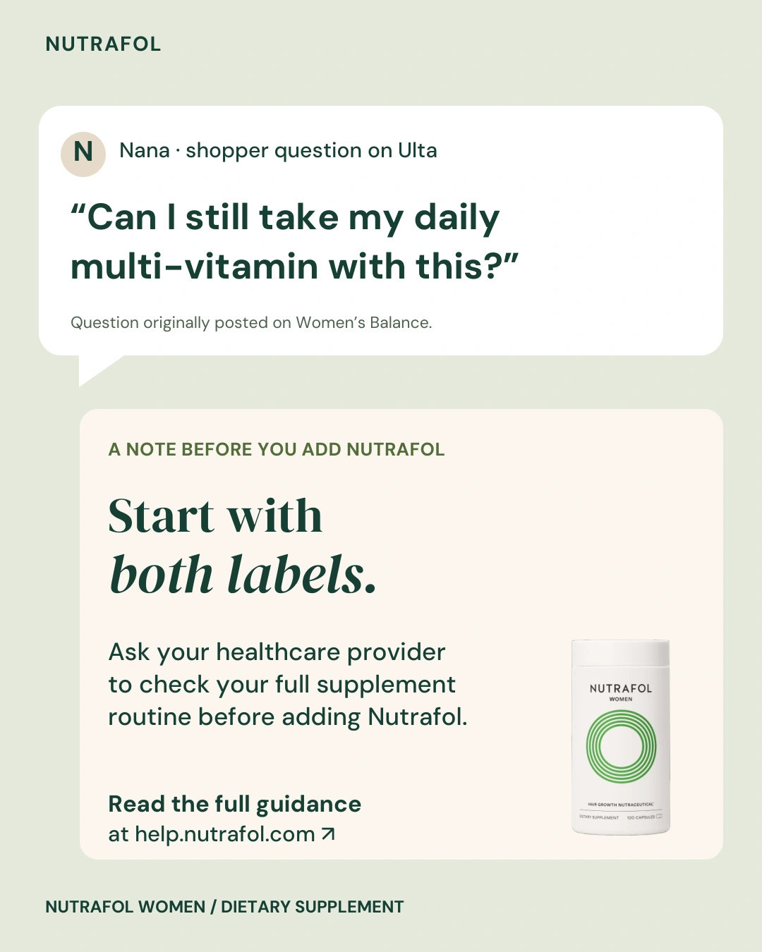 Nutrafol ad: a shopper question about taking a daily multivitamin, followed by a note to ask a healthcare provider to check the full supplement routine before adding Nutrafol.