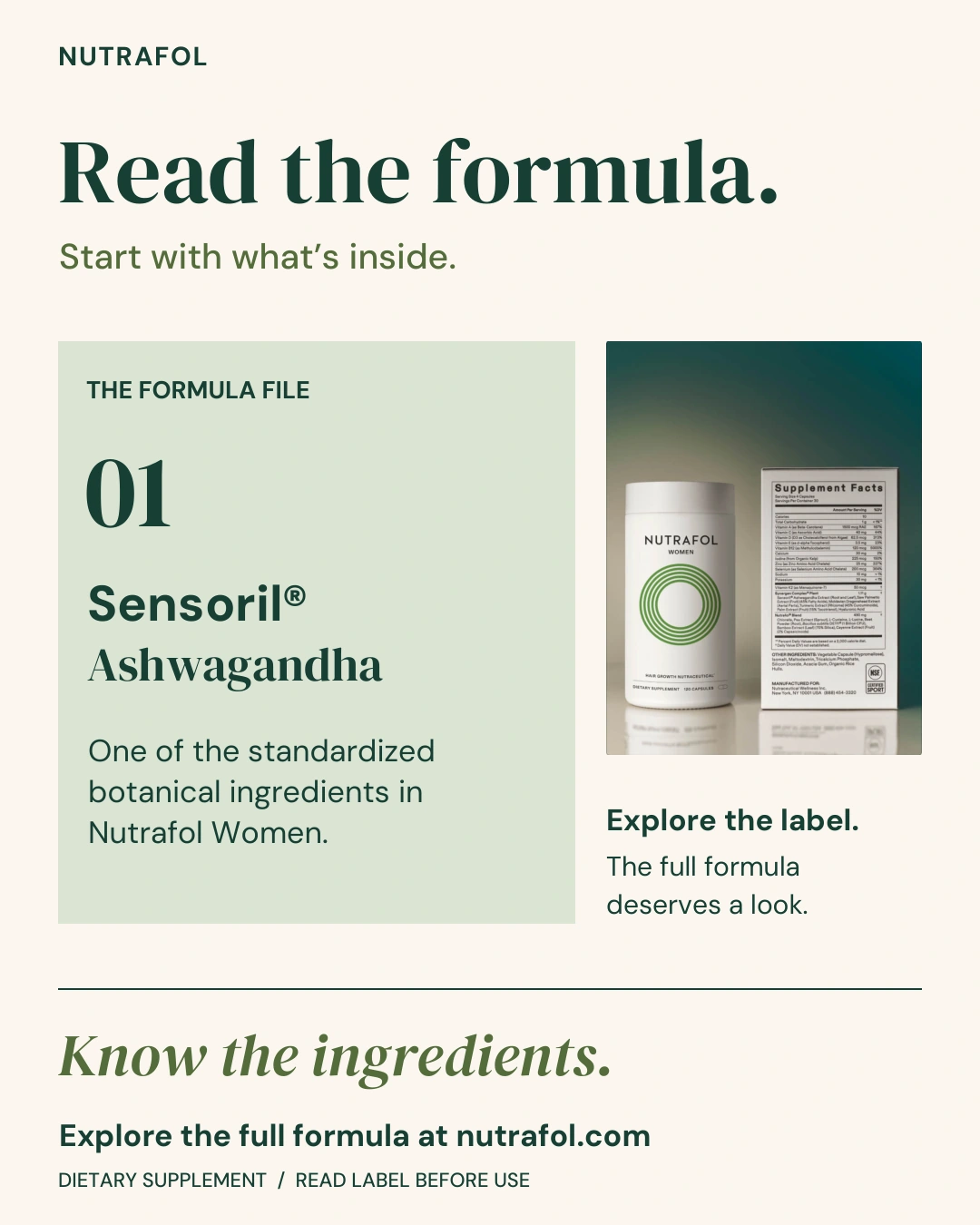 Nutrafol ad: a formula file card naming Sensoril Ashwagandha as one standardized botanical ingredient, beside the bottle and supplement facts label. Know the ingredients.